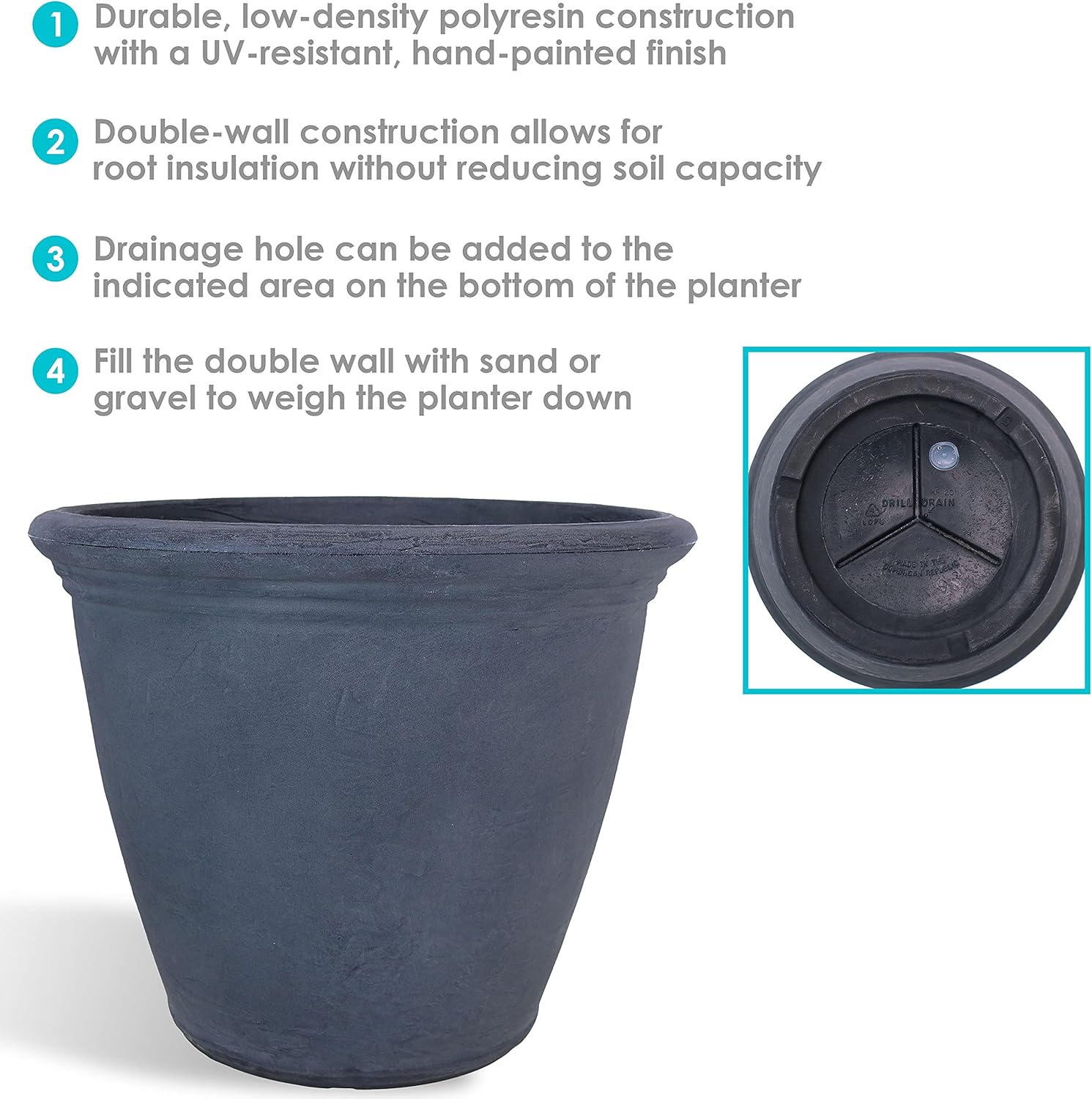 Sunnydaze 20-Inch Anjelica Large Plastic Pot for Plants - Outdoor Polyresin Round Planter with