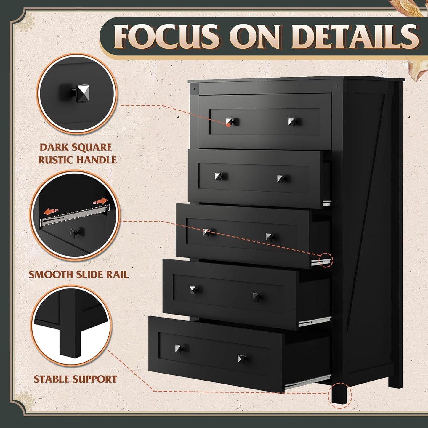 WLIVE Farmhouse 5 Drawer Dresser for Bedroom, Wood Dresser Storage Organizer, Tall Black Dressers