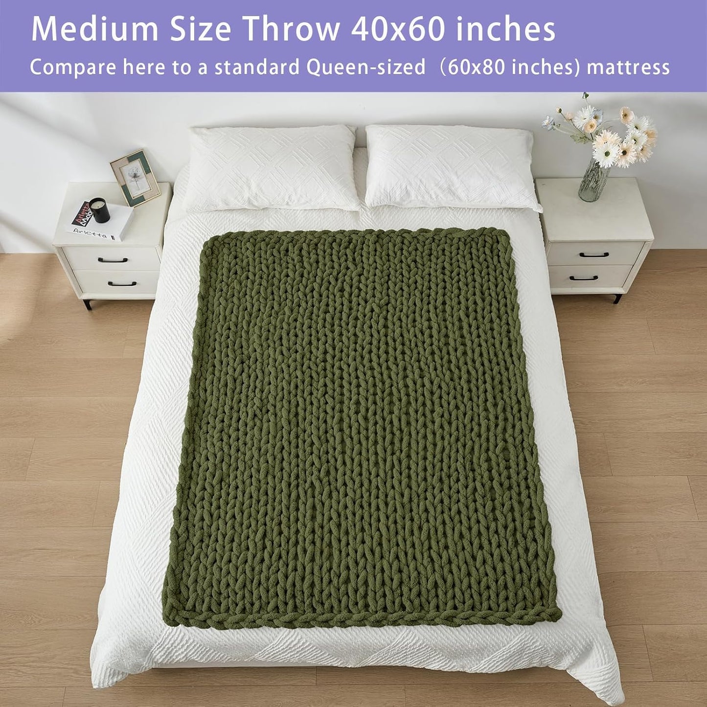 Bigacogo Chunky Knit Throw Blanket for Couch, 40x60 inches, 100% Hand Knitted with Thick Jumbo