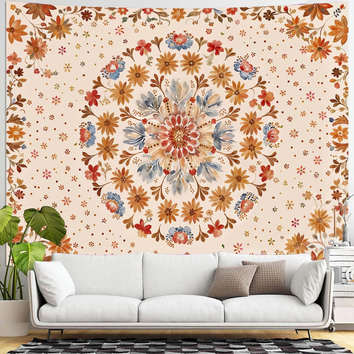 Fowocu Boho Floral Mandala Tapestry Wall Hanging Watercolor Bohemian Flower Medallion Tapestry