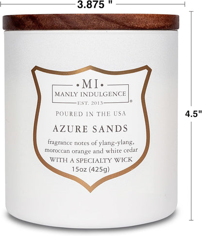 Manly Indulgence Azure Sands Scented Candles for Men, 15 oz Wooden Wick, Premium Soy Blend Wax, 60H