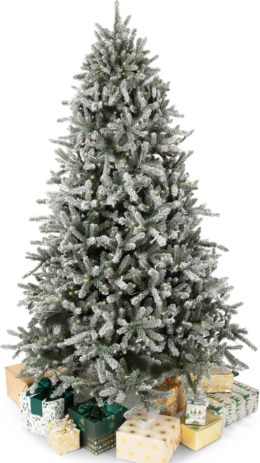 Papyrus Frosted 7 ft Pre-Lit Artificial Christmas Tree, Blue Spruce, Warm White Lights, Includes
