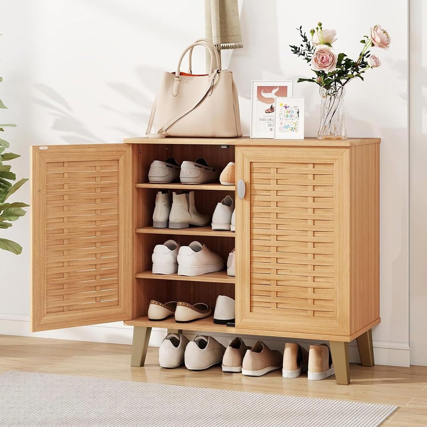 GIANTEX Shoe Cabinet with Doors, 4-Tier Farmhouse Shoe Rack Cabinet