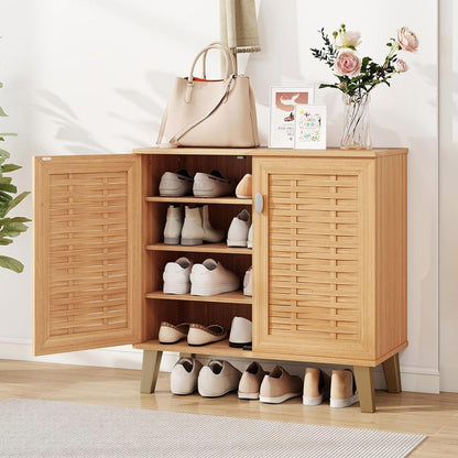 GIANTEX Shoe Cabinet with Doors, 4-Tier Farmhouse Shoe Rack Cabinet