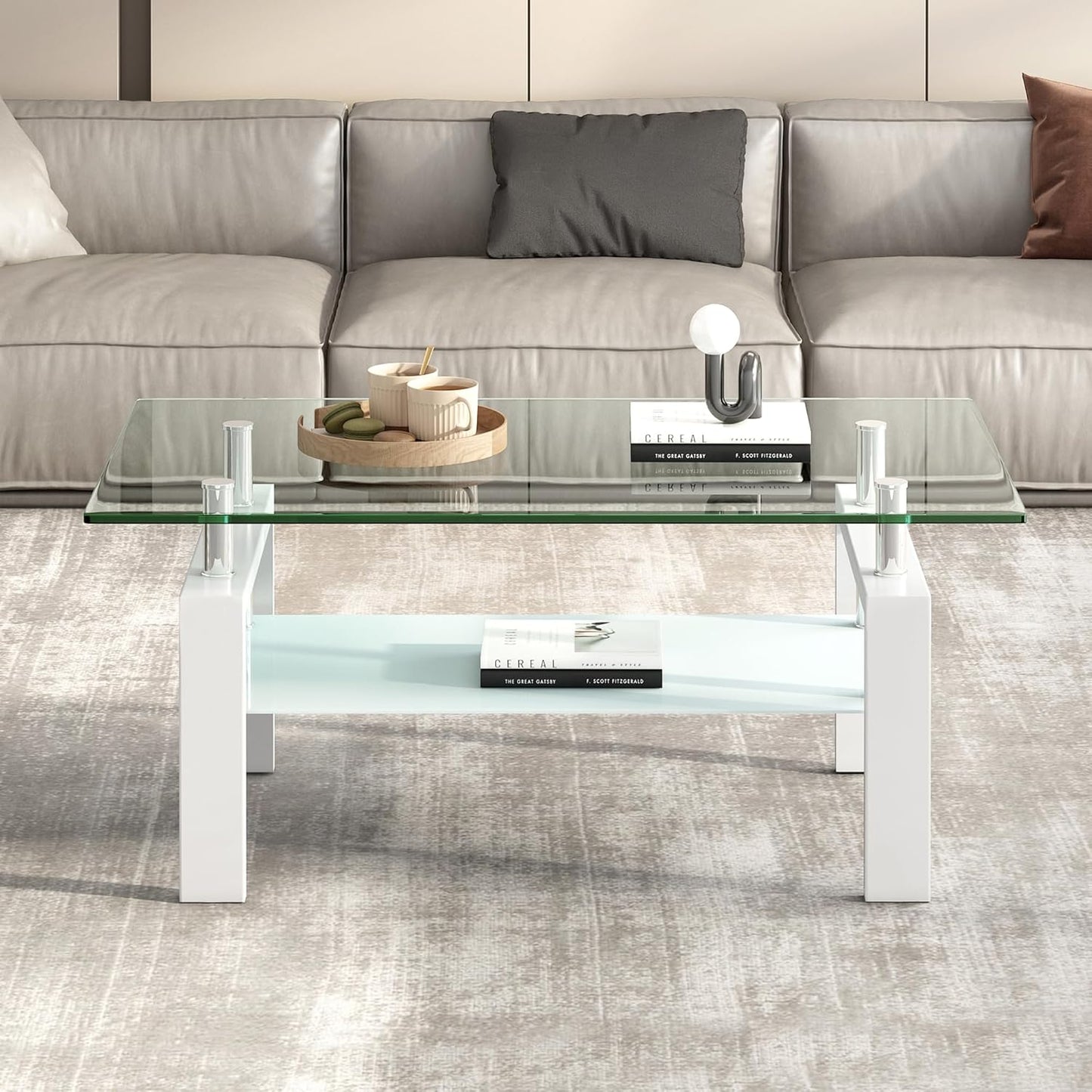 Glass Coffee Table Rectangle White Living Room Center Table, 39inch Transparent Tempered Glass