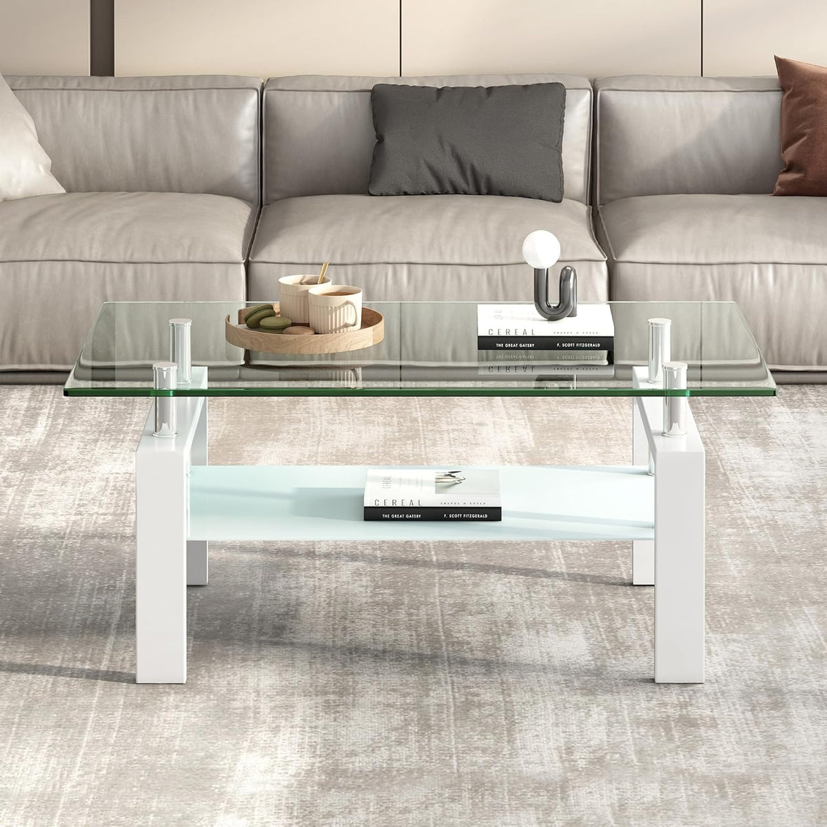 Glass Coffee Table Rectangle White Living Room Center Table, 39inch Transparent Tempered Glass