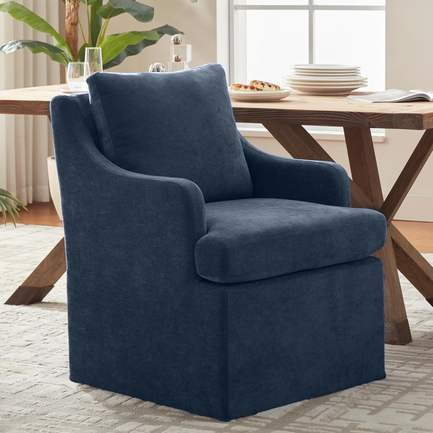 VKNOW Upholstered Dining Chairs, Modern Kitchen Chairs Dinner Chairs with 4 Casters, Linen Armchair