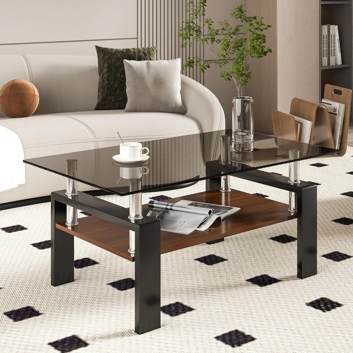 Glass Coffee Table Rectangle Living Room Center Table, with Gray Tempered Glass Tabletop and Brown