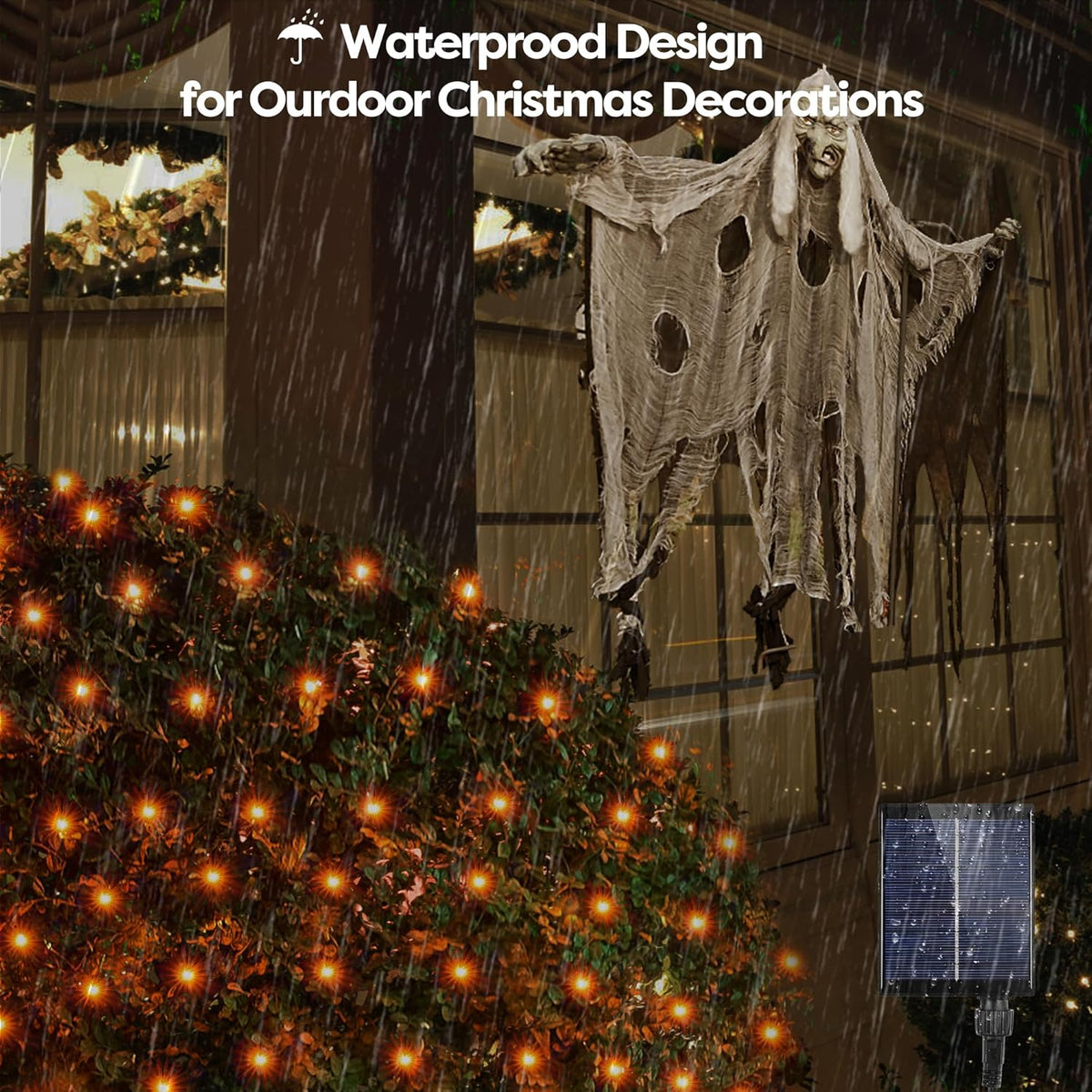WBao Solar Halloween Lights Outdoor, 200LED 8.4ft x 5.2ft Halloween Net Lights with Remote, 8