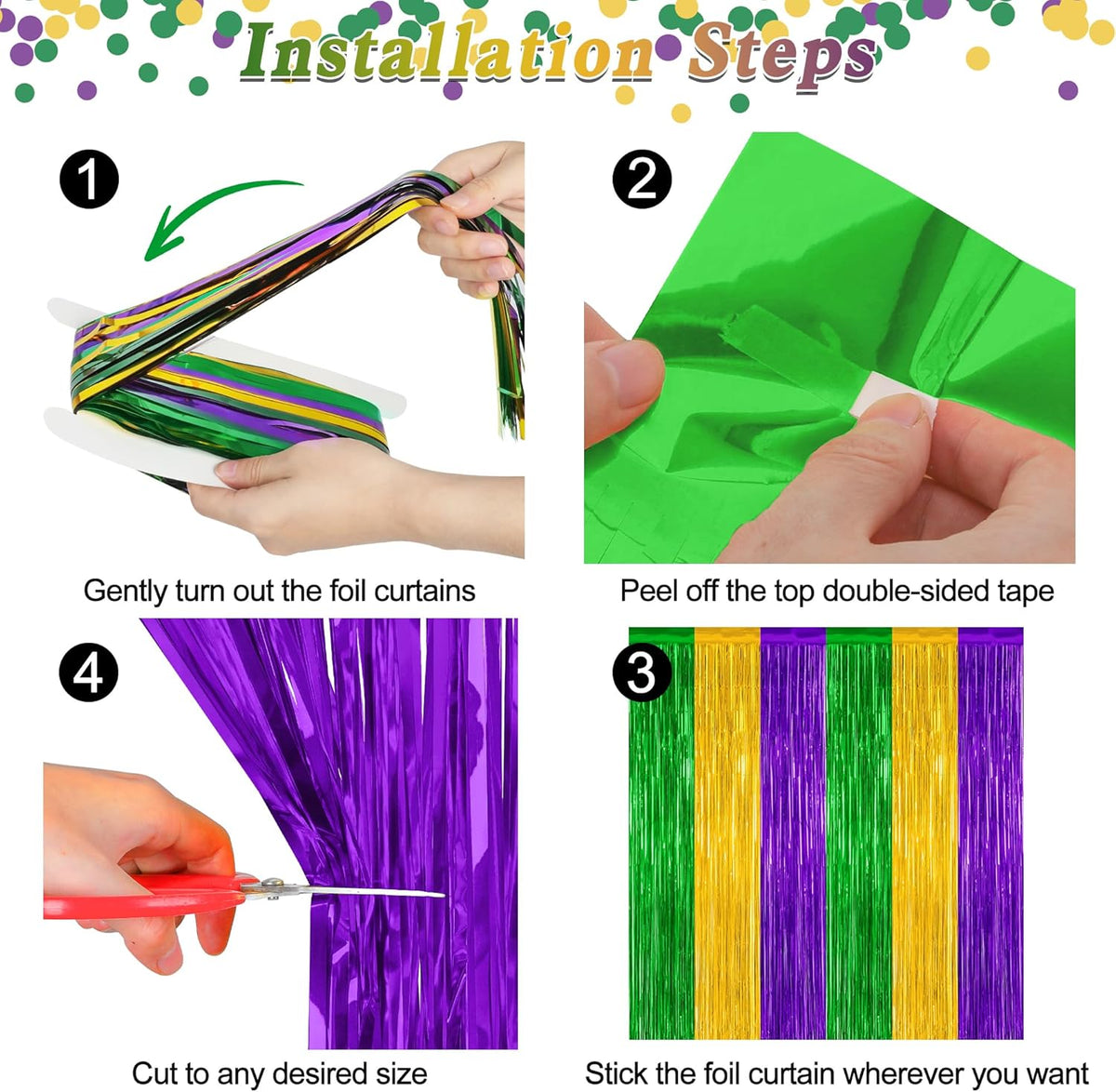 2 Pack Mardi Gras Tinsel Backdrop, 3.28 FT x 7.05 FT Metallic Fringe Curtain, Purple Gold Green
