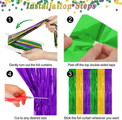 2 Pack Mardi Gras Tinsel Backdrop, 3.28 FT x 7.05 FT Metallic Fringe Curtain, Purple Gold Green