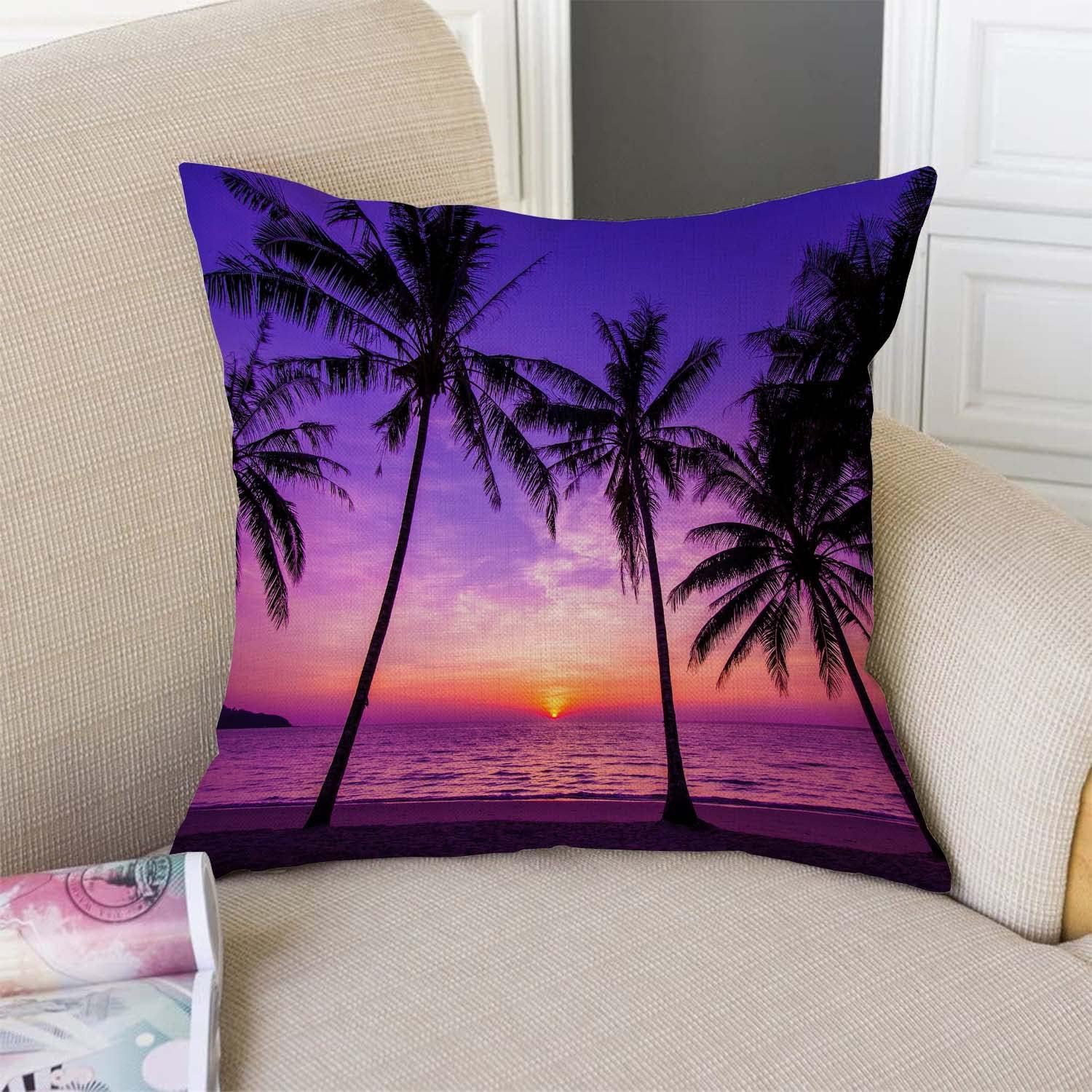 TSSOHU Sunset Beach Pillow Cover 18x18 Inch Tropical Palm Tree Landscape Cotton Linen Cushion Cover