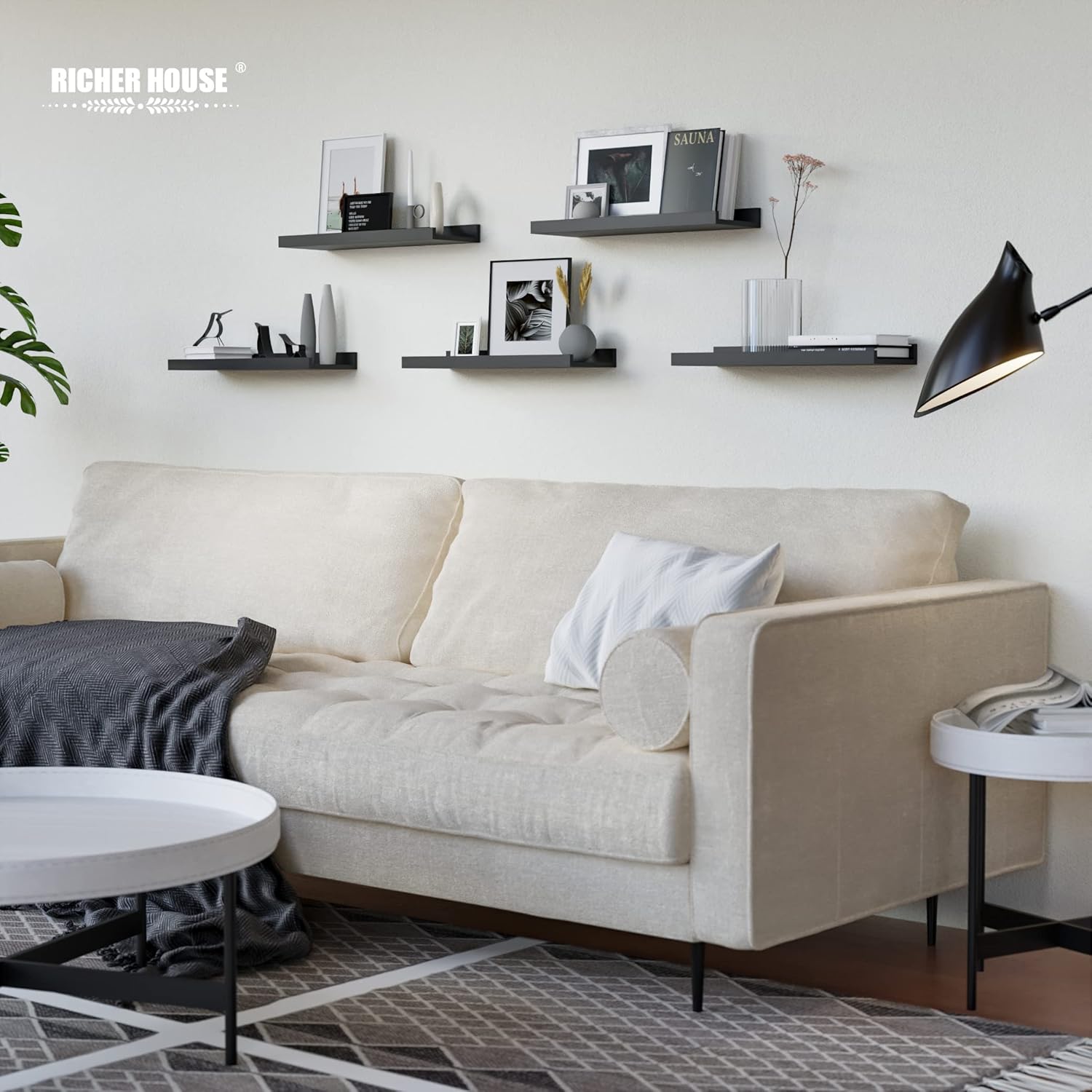 RICHER HOUSE 5 Set Floating Wall Mounted Shelves, Black Shelves for Wall Decor, Modern Picture