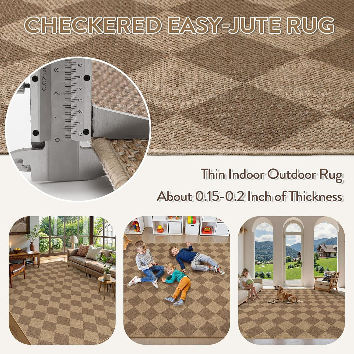 Lahome Checkered Easy Jute Rug, 9x12 Washable Dining Room Rug Indoor Outdoor Carpet, Farmhouse