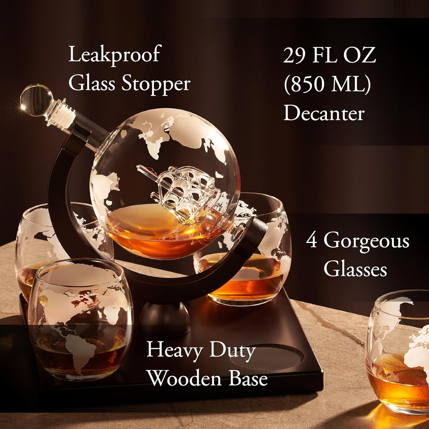 Whiskey Decanter Globe Set for Men with 4 Glasses, Bourbon, Rum, Scotch, Crystal Clear Decanter