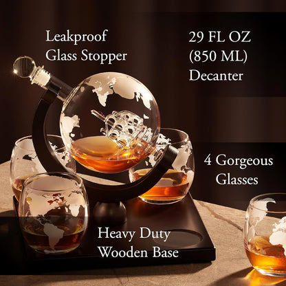 Whiskey Decanter Globe Set for Men with 4 Glasses, Bourbon, Rum, Scotch, Crystal Clear Decanter