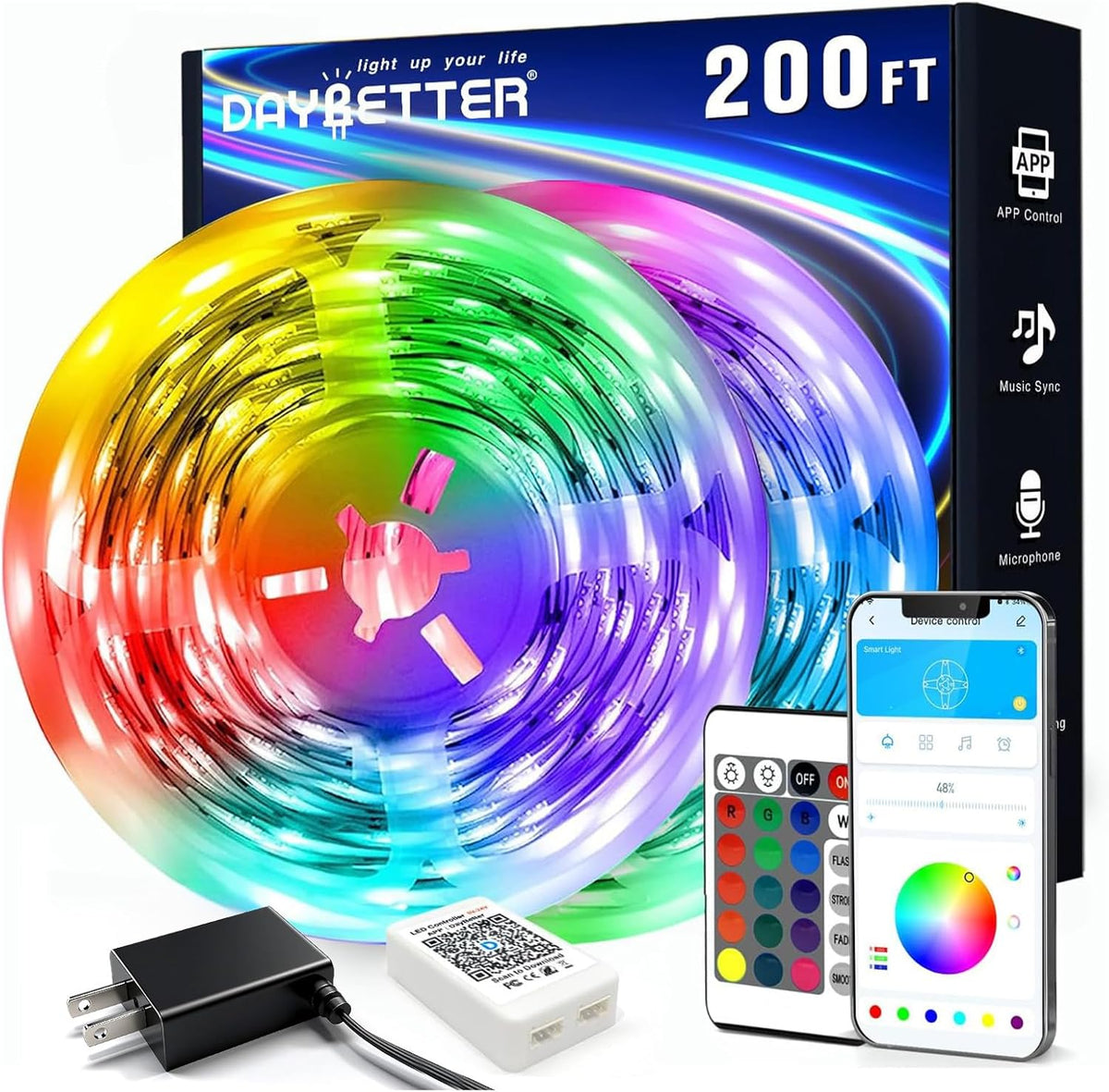 DAYBETTER LED Strip Lights 200 ft (2 Rolls of 100 ft), Smart App Control Lighting Bedroom Rome