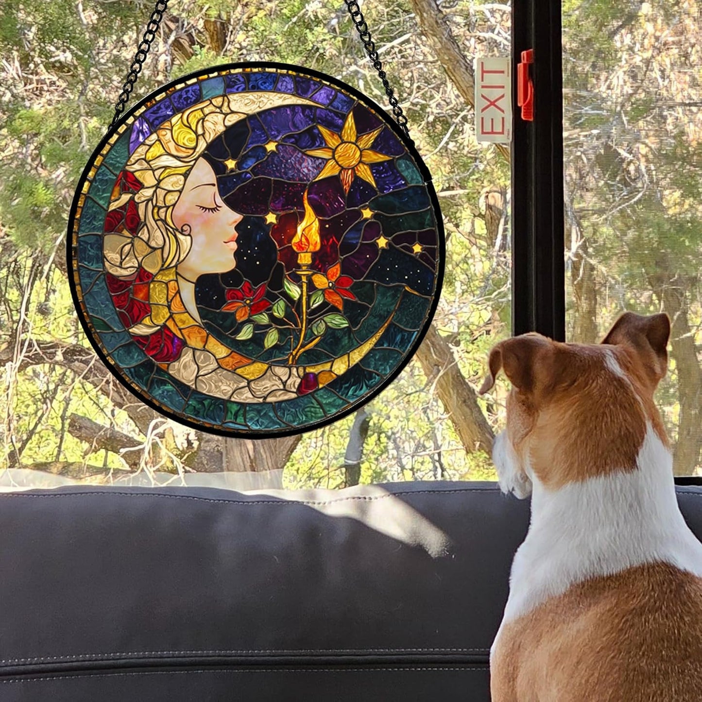 Stained Glass Window Hanging, Moon Goddess Torch Suncatcher Diamond Glass Panel Hangings Dream Sun