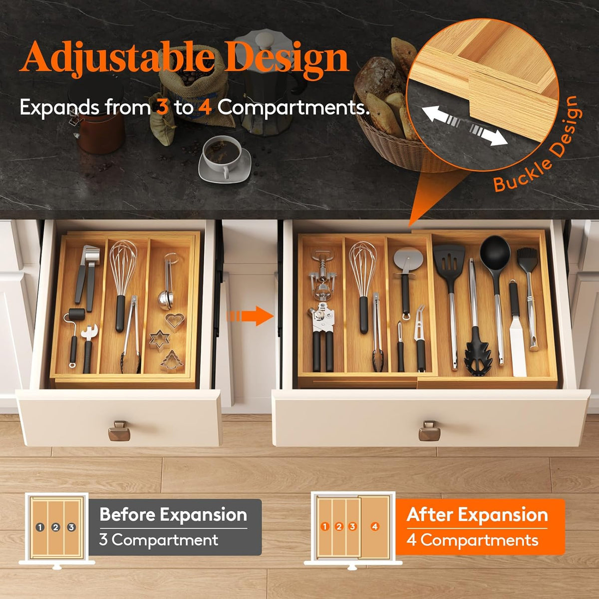 Lifewit Utensil Drawer Organizer, Expendable Cooking Silverware Tray for Kitchen Drawer, Bamboo