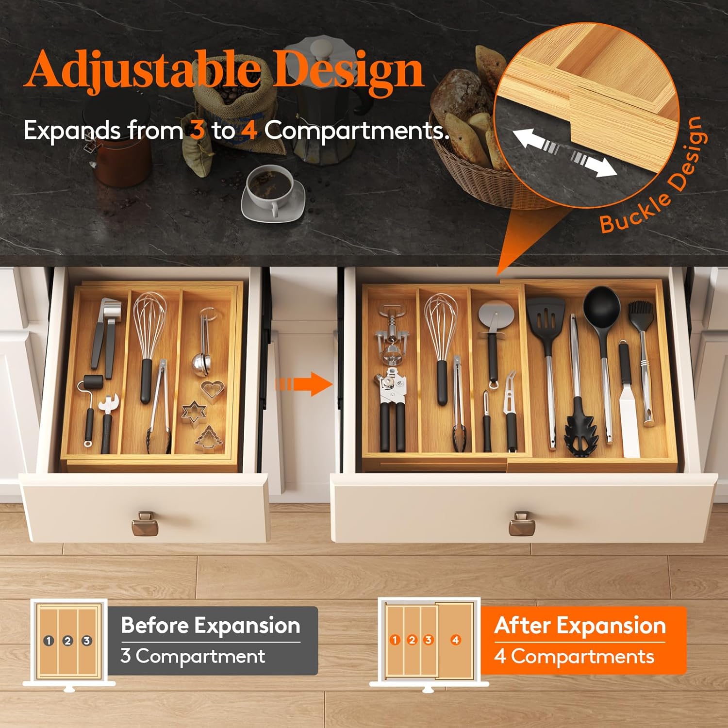Lifewit Utensil Drawer Organizer, Expendable Cooking Silverware Tray for Kitchen Drawer, Bamboo