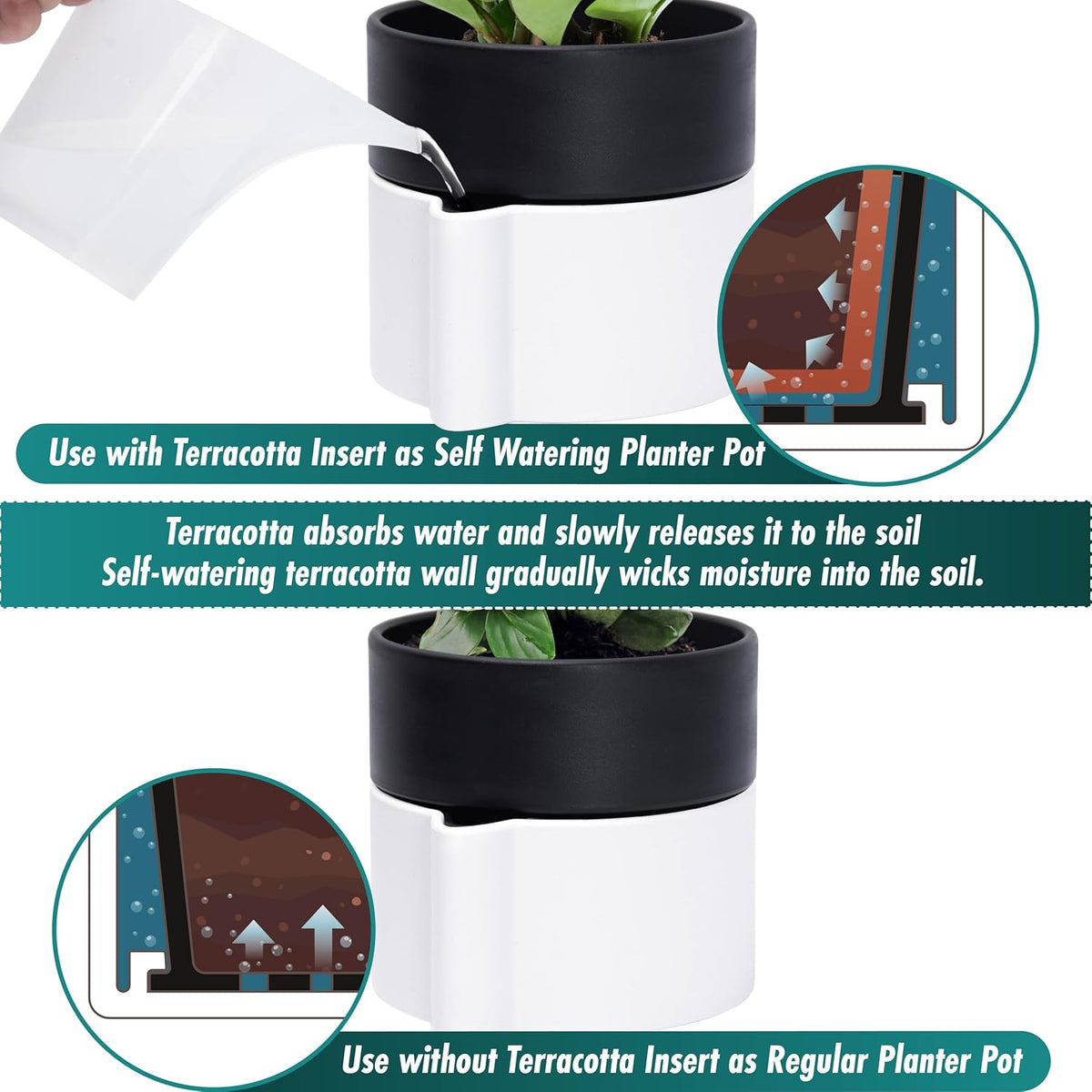 8 Inch Self-Watering Planter Pot with Terracotta Insert, Deep Water Reservoir, and Ceramic-Alike