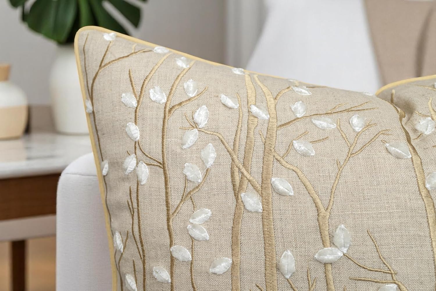 VAGMINE Embroidered Forest Throw Pillow Cover - 20x20 Inches Square - 100% Linen Natural Decorative