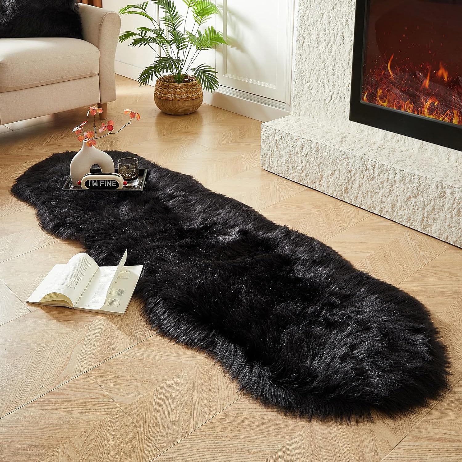 AMTOVO Faux Sheepskin Rug, Black Ultra Soft Fluffy Shag Area Rug, 2 x 6 ft Faux Fur Rug for Bedroom