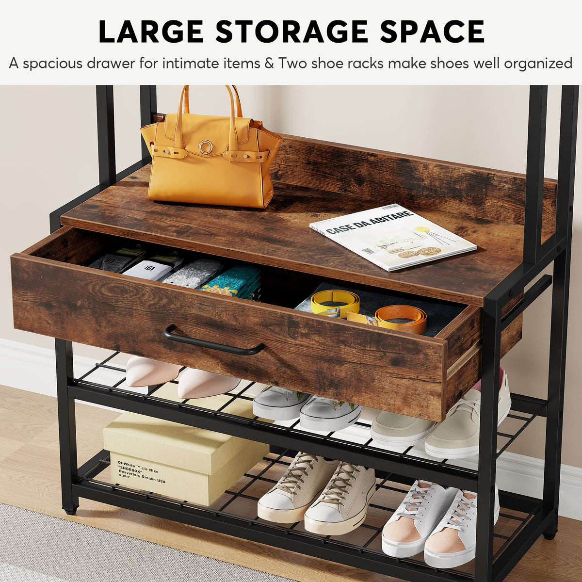 Tribesigns 3-in-1 Entryway Hall Tree with Shoe Bench and Hutch, Brown