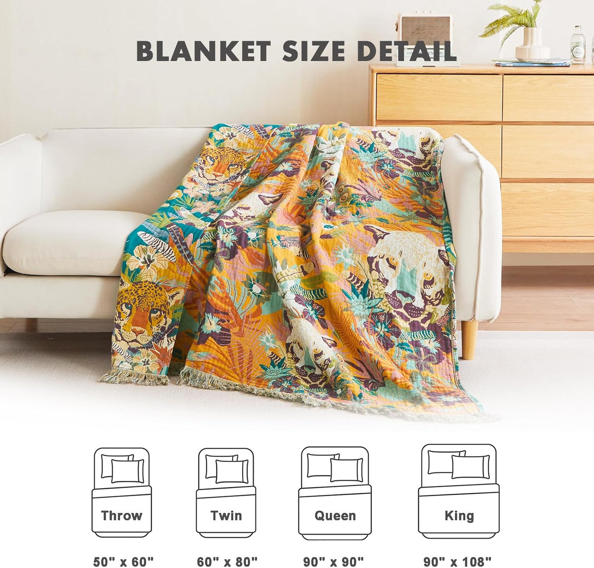 MSGKV Throw Blanket for Couch Cotton Muslin Breathable Leopard Animals Blanket 50"x60" Sofa Chair