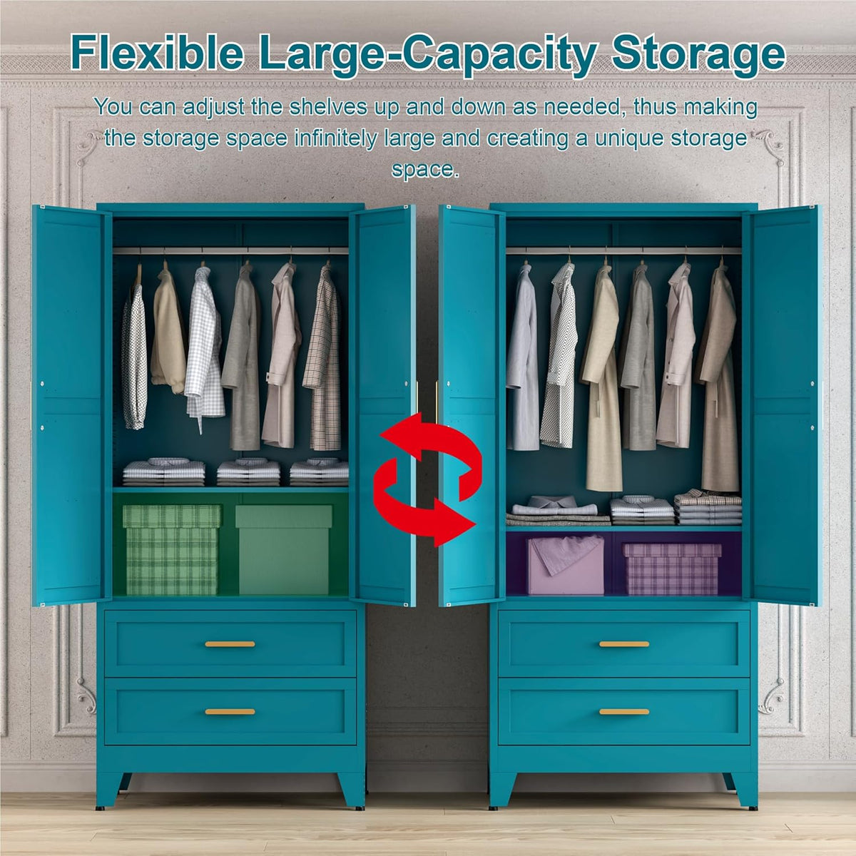 71'' Farmhouse Metal Wardrobe Cabinet with Hanging Rod, 2 Barn Door Wardrobe Closet with Adjustable