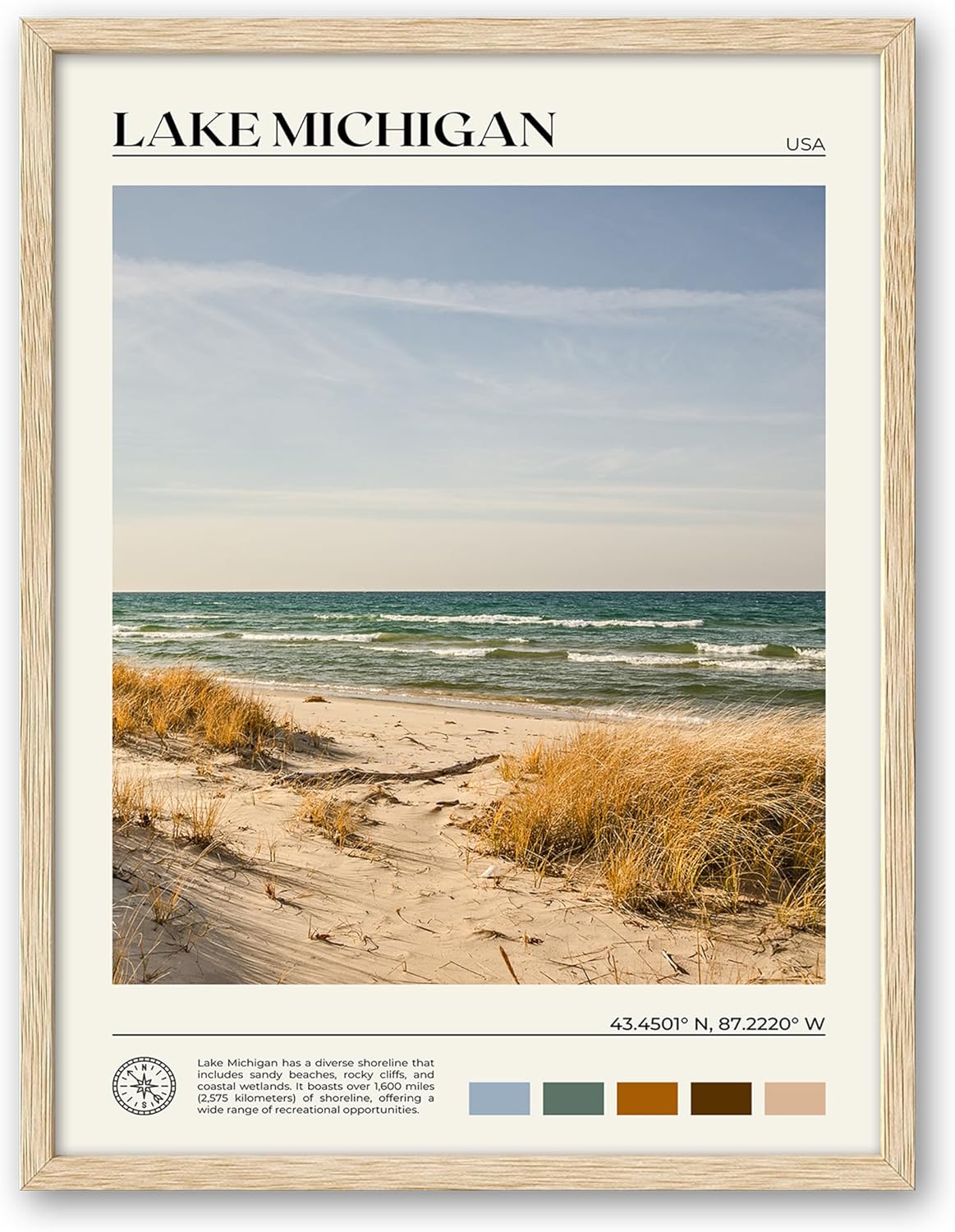 HesenDot Natural OAK Wood Lake Michigan Framed Wall Art,12x16in Natural Scenery Canvas Wall