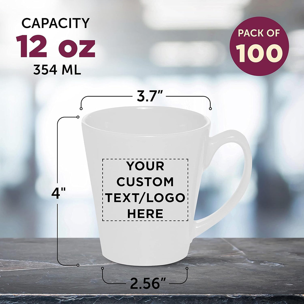 DISCOUNT PROMOS Custom Glossy Ceramic Latte Coffee Mug 12 oz. Set of 100, Personalized Bulk Pack
