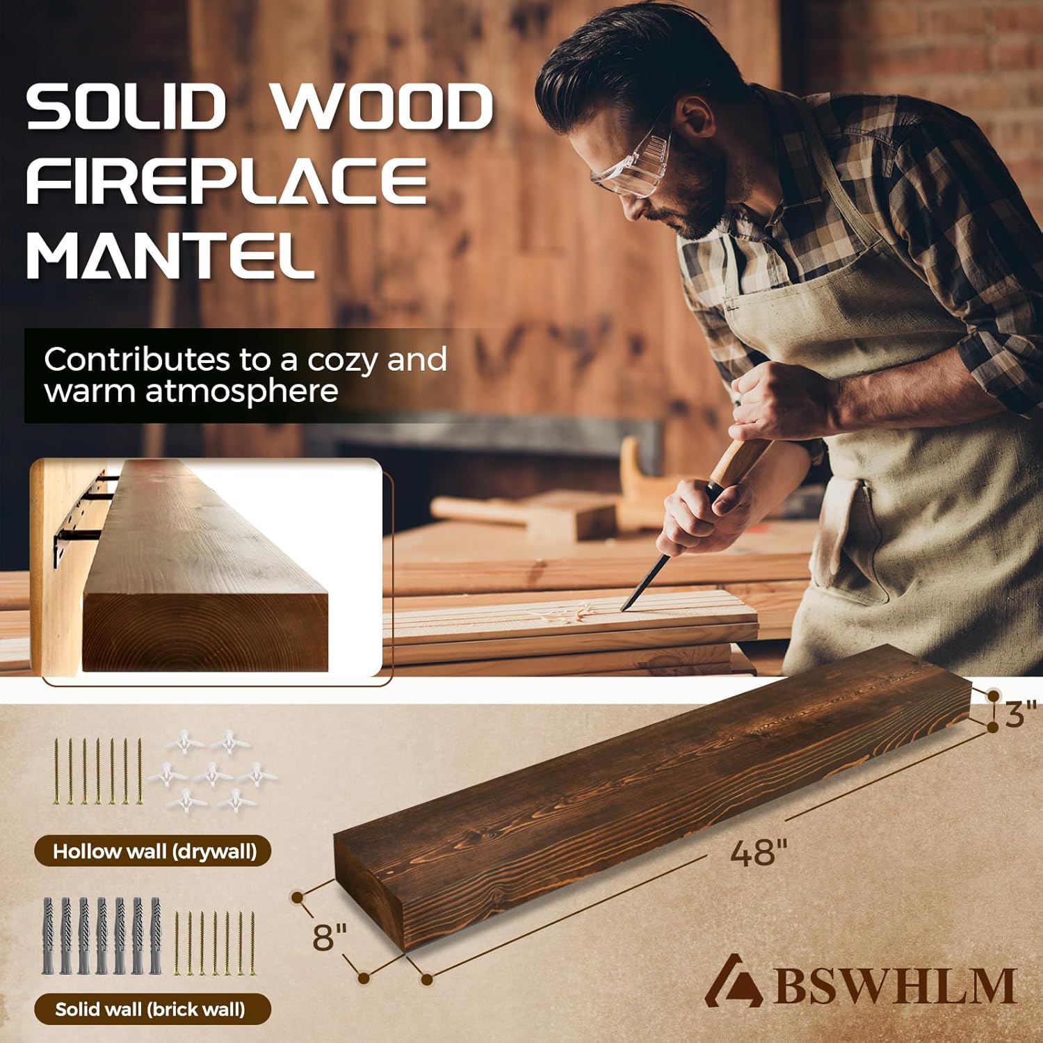 48x8x3 Fireplace Mantel - Solid Rustic Wood - Wall Mounted Floating Shelf with Invisible Heavy Duty