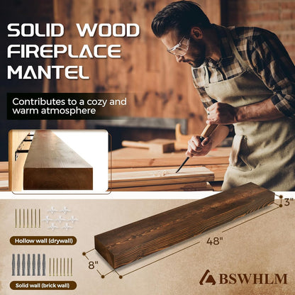 48x8x3 Fireplace Mantel - Solid Rustic Wood - Wall Mounted Floating Shelf with Invisible Heavy Duty