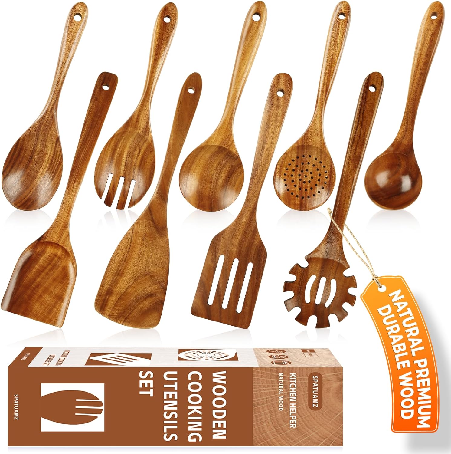 SPATUAMZ Wooden Kitchen Utensils Set, Smooth Finished Wooden Spoons for Cooking, Natural Teak