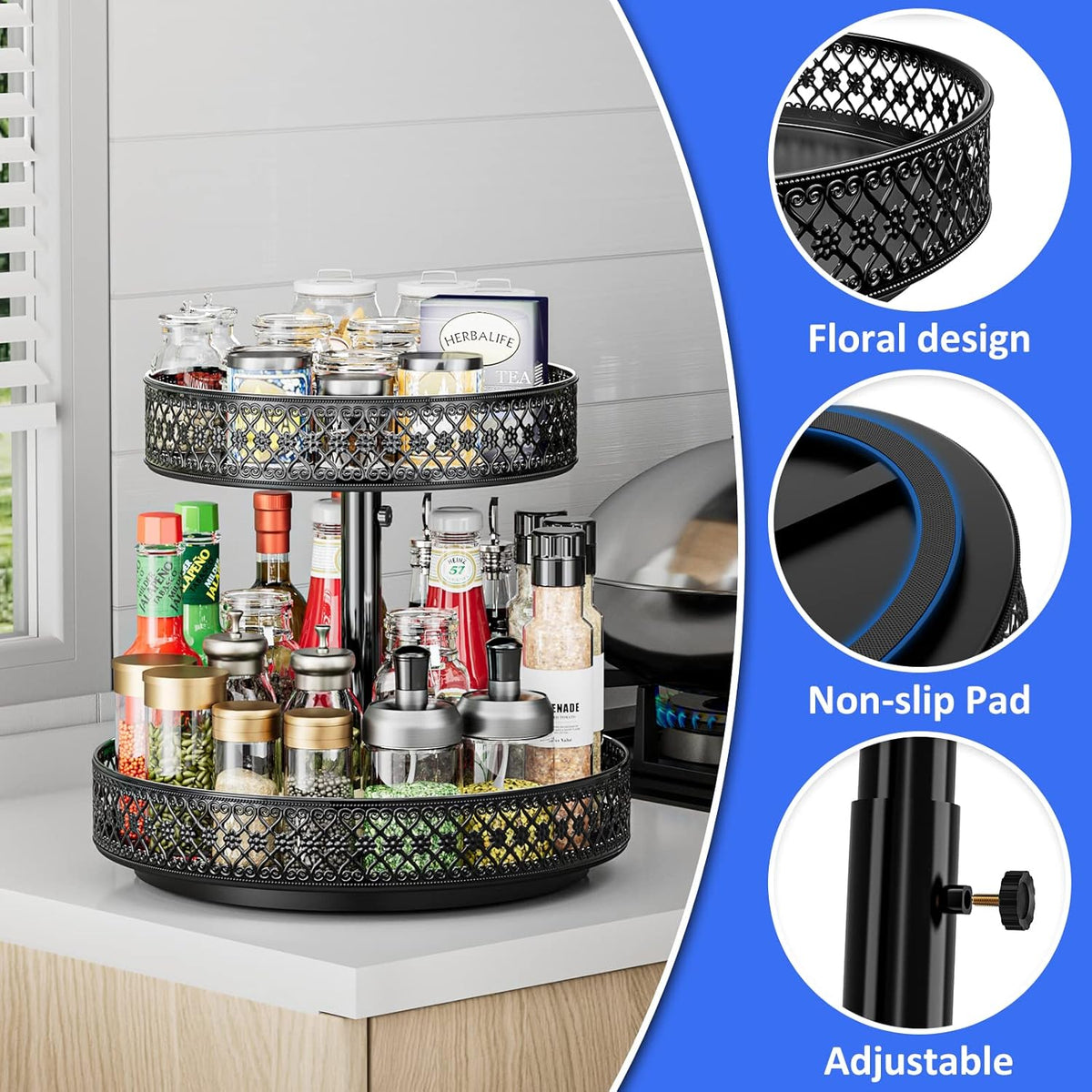 Lazy Susan Organizer 2 Tier - Turntable Spice Rack 12 inch Adjustable Metal Rotating Lazy Susan for