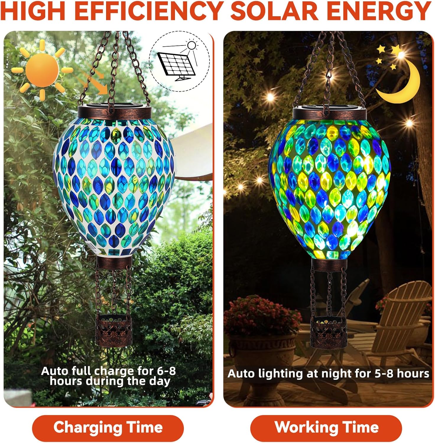 VOREEN Hot Air Balloon Solar Lantern, Mosaic Solar Outdoor Hanging Wind Light, Waterproof, Patio