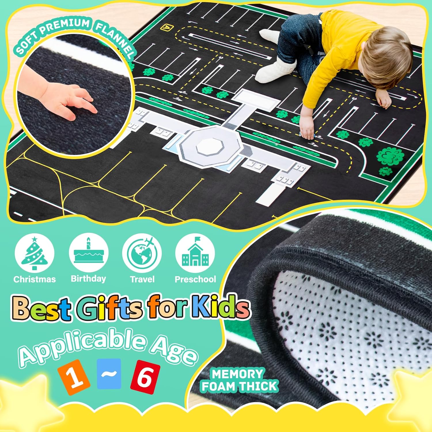 Kids Rug, Road Carpet for Kids with Combined City Road Traffic System, Car Rug and Airport Play