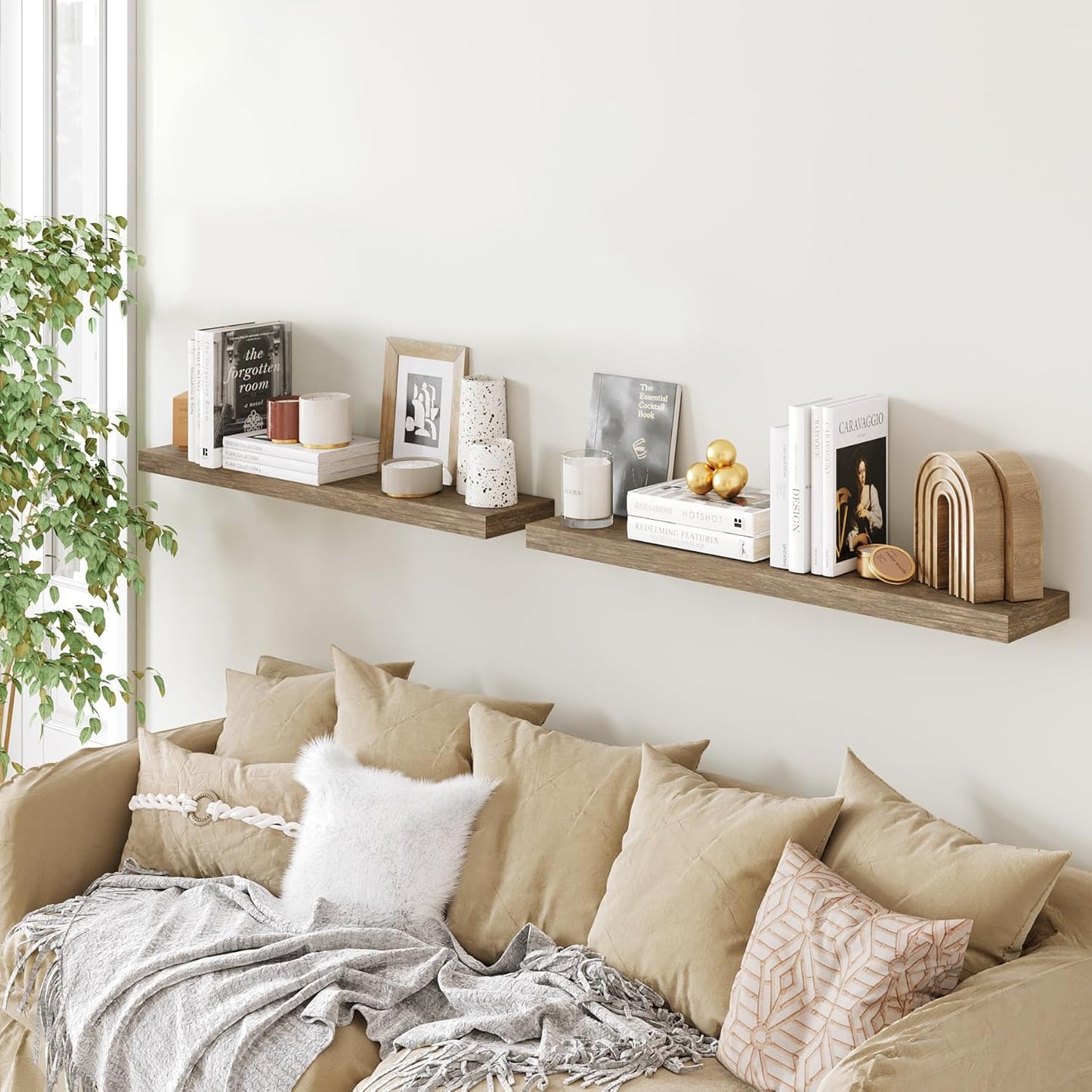 BAMEOS Floating Shelves,40 in W x 8in D Wall Mounted Wooden Shelves with Invisible Brackets Set of