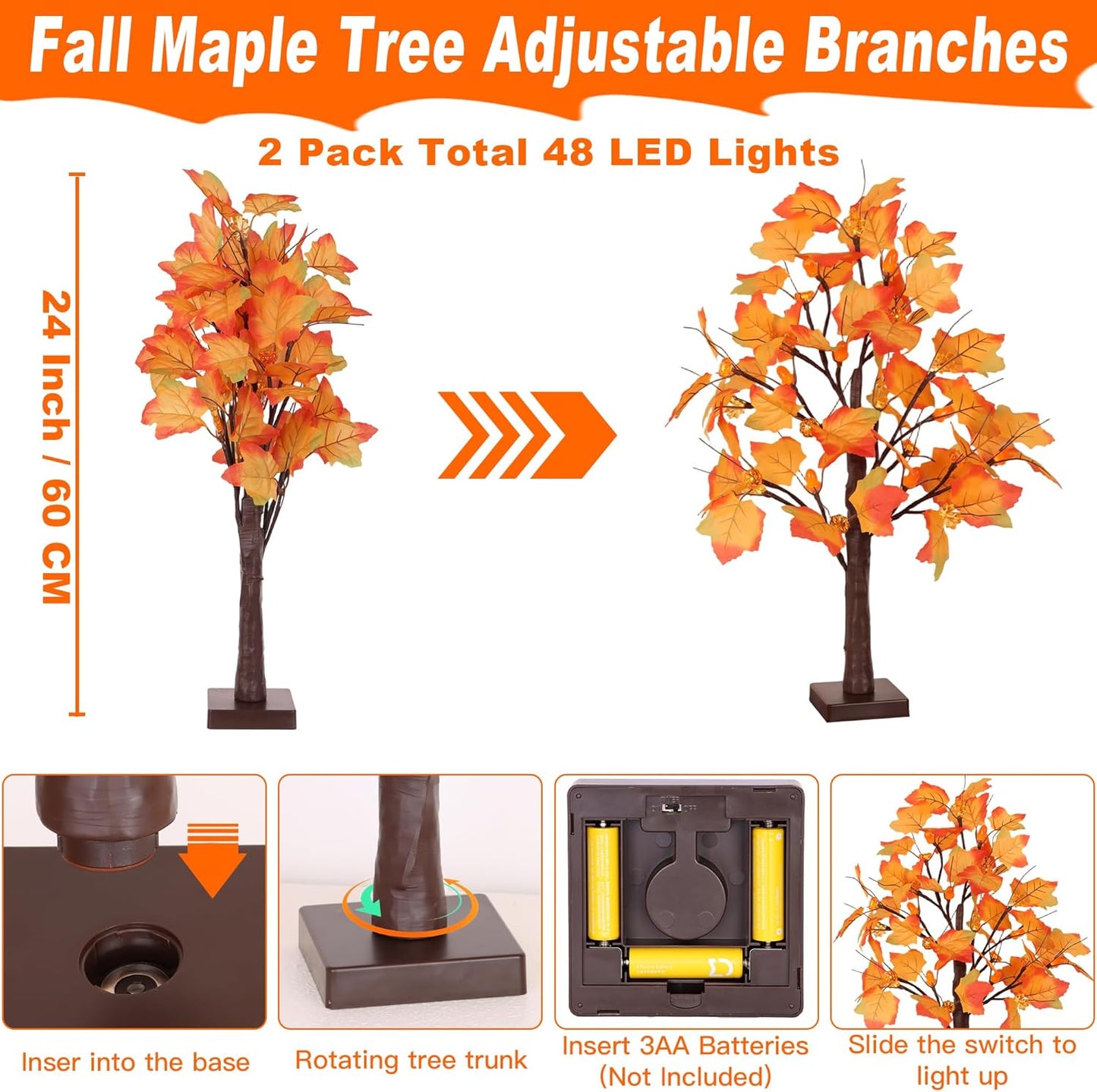 2 Pack 24 Inch Prelit Fall Maple Tree Fall Decor with 48 LED Timer Battery Operated Artificial Fall