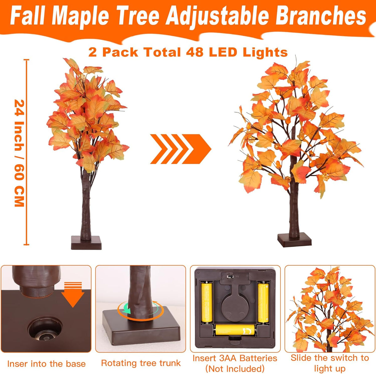 2 Pack 24 Inch Prelit Fall Maple Tree Fall Decor with 48 LED Timer Battery Operated Artificial Fall