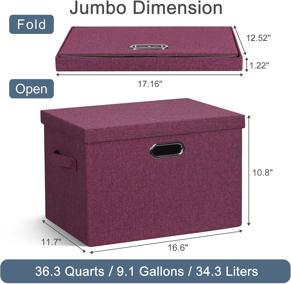 Large 17" 36 Quart Collapsible Stackable Storage Bins with Lids, 3 Packs Purple Linen Fabric Closet