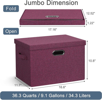 Large 17" 36 Quart Collapsible Stackable Storage Bins with Lids, 3 Packs Purple Linen Fabric Closet