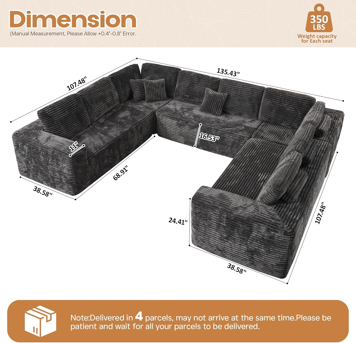Cloud Sectional Couches for Living Room,U Shaped Modular Sofas No Assembly,135x107 Inches Plush