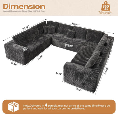 Cloud Sectional Couches for Living Room,U Shaped Modular Sofas No Assembly,135x107 Inches Plush