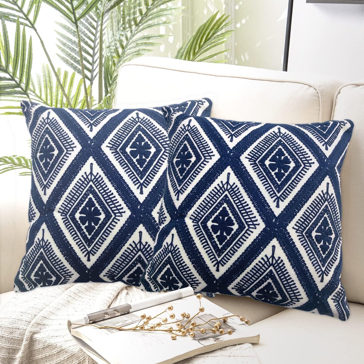 Alysheer Embroidered Decorative Throw Pillow Covers 18x18 inches Set of 2 Pieces, Boho Geometric