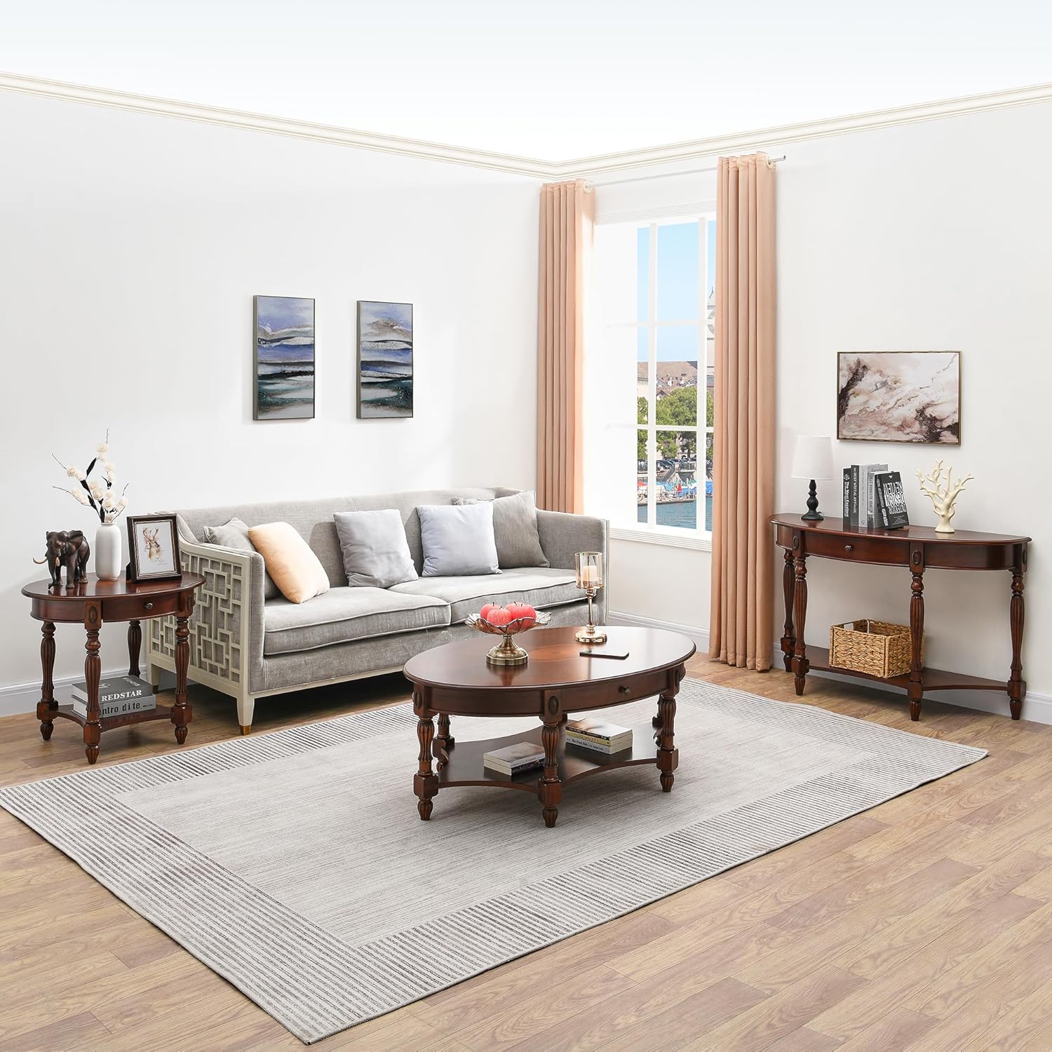MODERION Solid Wood End Table with Drawer, Oval Sofa Side Table, Storage Shelf, Living Room Corner