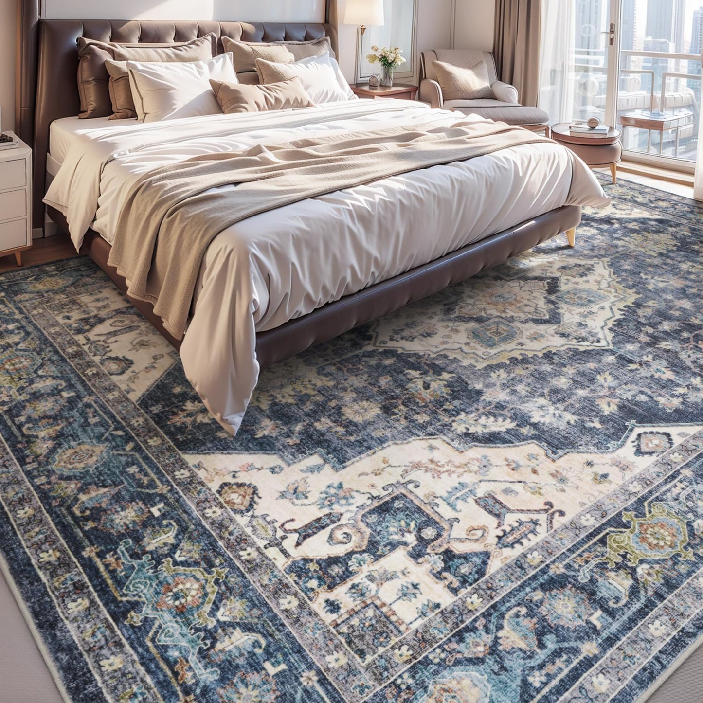AMOAMI-Area Rug 6X9 Rugs for Living Room-Vintage Soft Blue Rugs for Bedroom-Non Slip Carpet-Machine