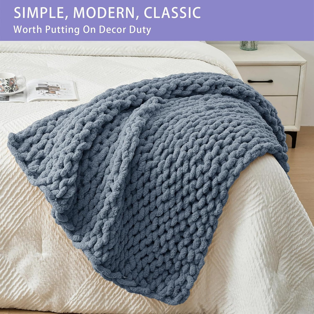 Bigacogo Chunky Knit Throw Blanket for Couch, 40x40 inches, 100% Hand Knitted with Thick Jumbo