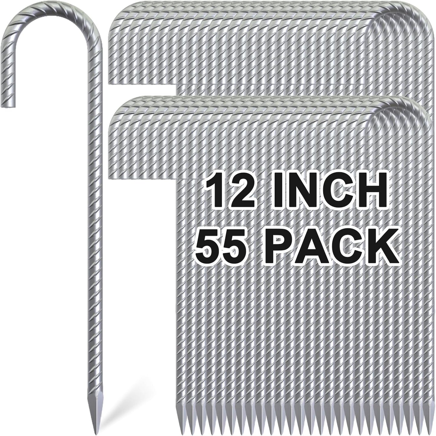 Rebar Stakes 12 Inch, 55 Pack Galvanized Metal Tent Stakes Heavy Duty Ground Stakes, J Hook Steel